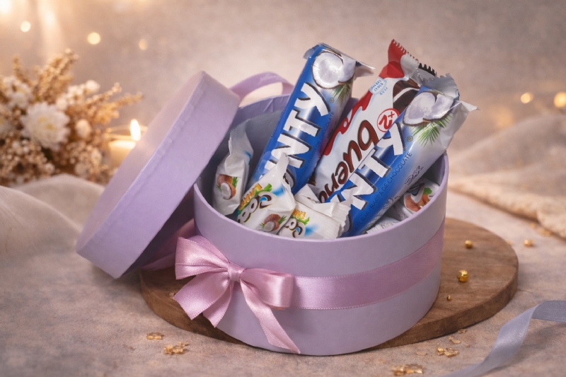 Kuti Rrethore me Çokollata Bounty dhe Bueno, Dhuratë e Personalizuar nga KONFETAT E ARTA, ku te blej konfeta ne Tirane, porosi dhurata te personalizuara online, cmimi paketim luksoz per dasme, rezervim suvenire martese